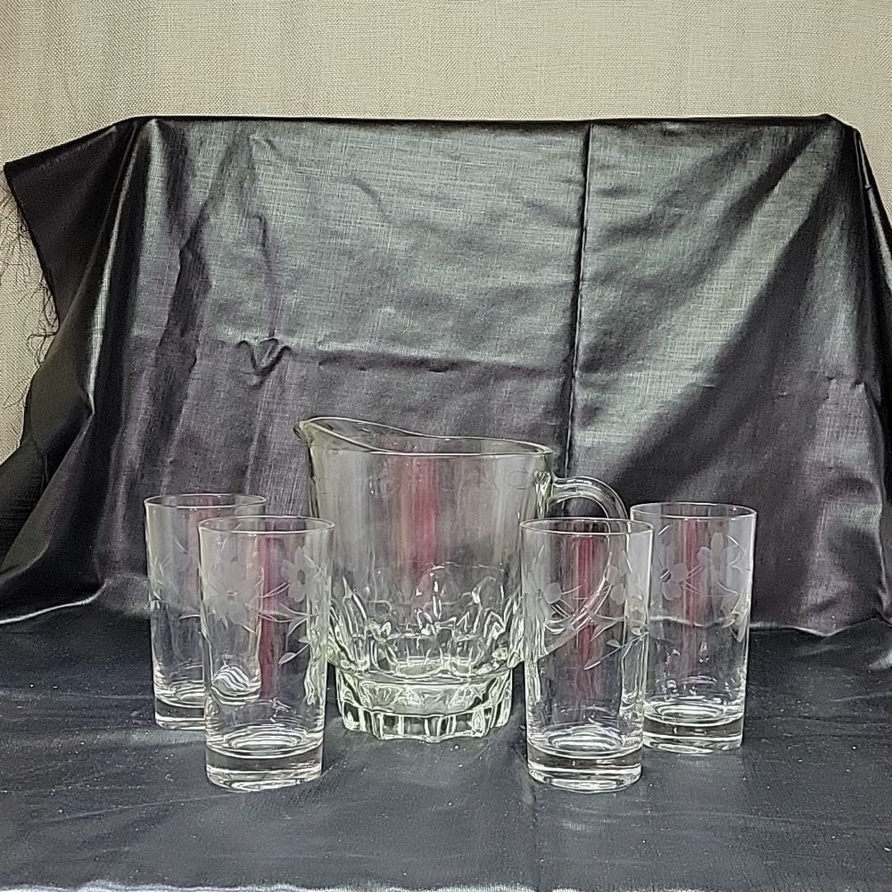 Vintage set of 4 etched drinking glasses and pitcher